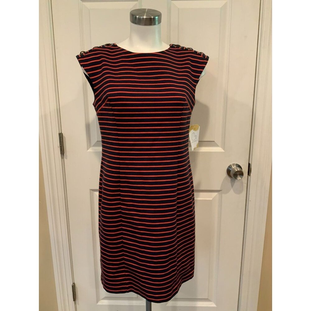 Michael Kors Navy Blue & Orange Striped Sleeveless Dress W/ Leather, Size M